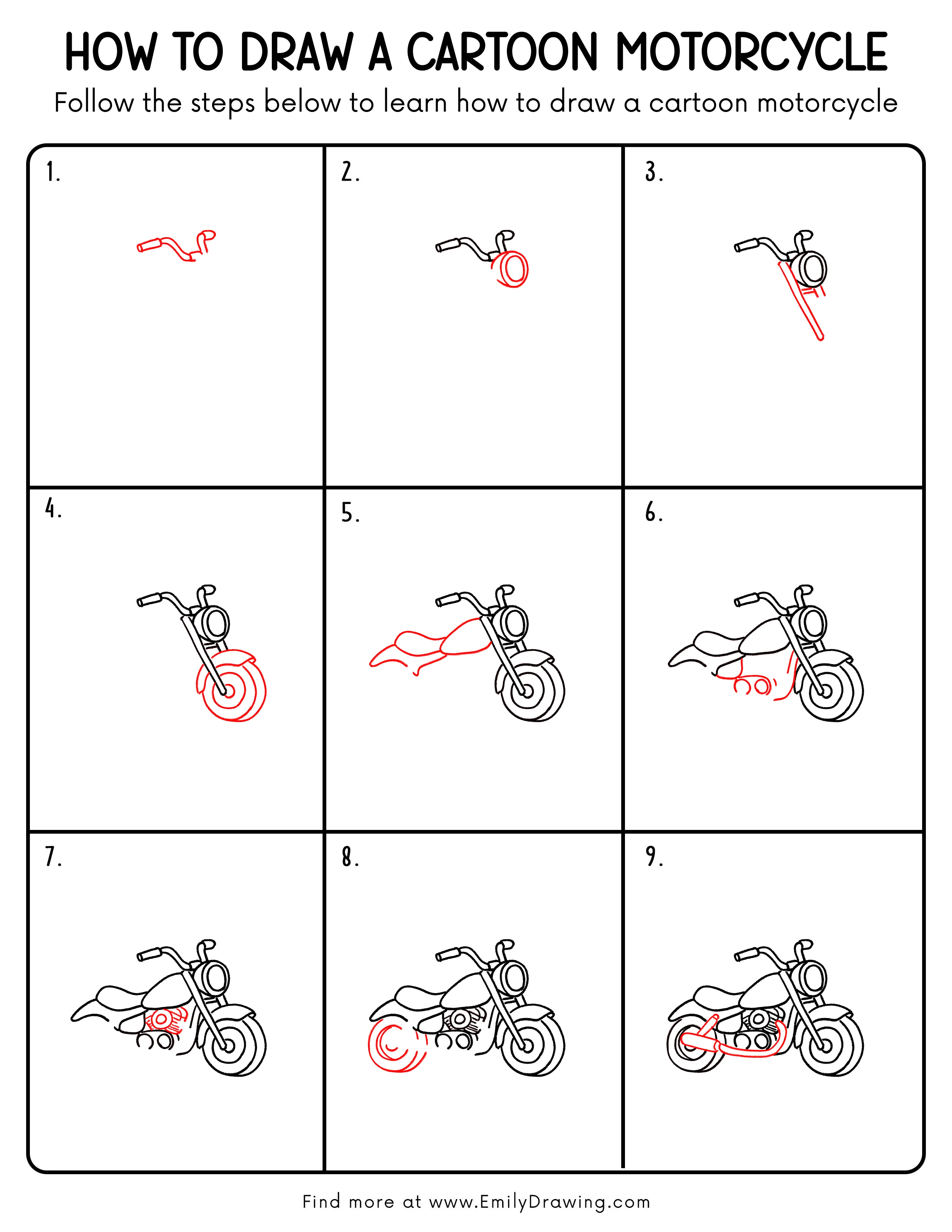 Printable Cartoon Motorcycle Drawing Guide